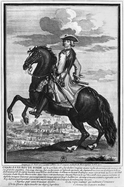 Rey Carlos XII (1682-1718) de Suecia, a caballo, 1702 de Bernard Picart